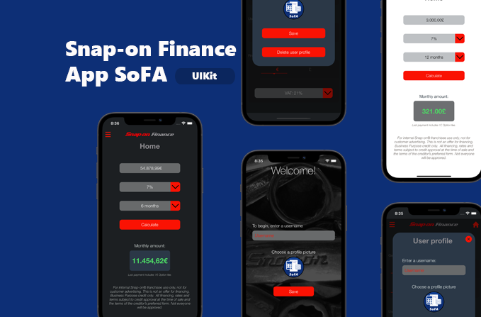 SoFA Snap-on Finance App screens